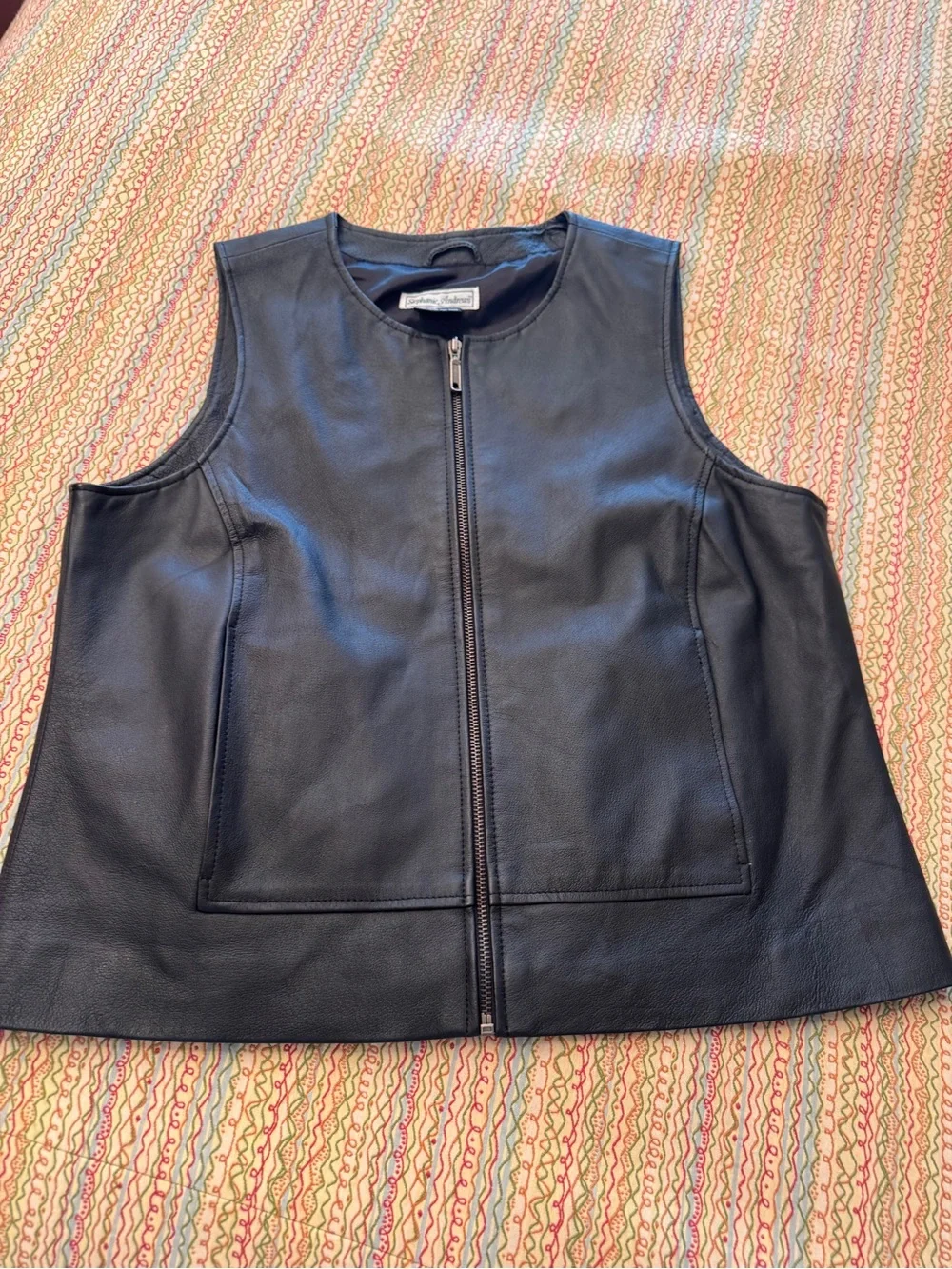 Vintage Stephanie Andrews Black Leather Zip Front Vest Large 90s